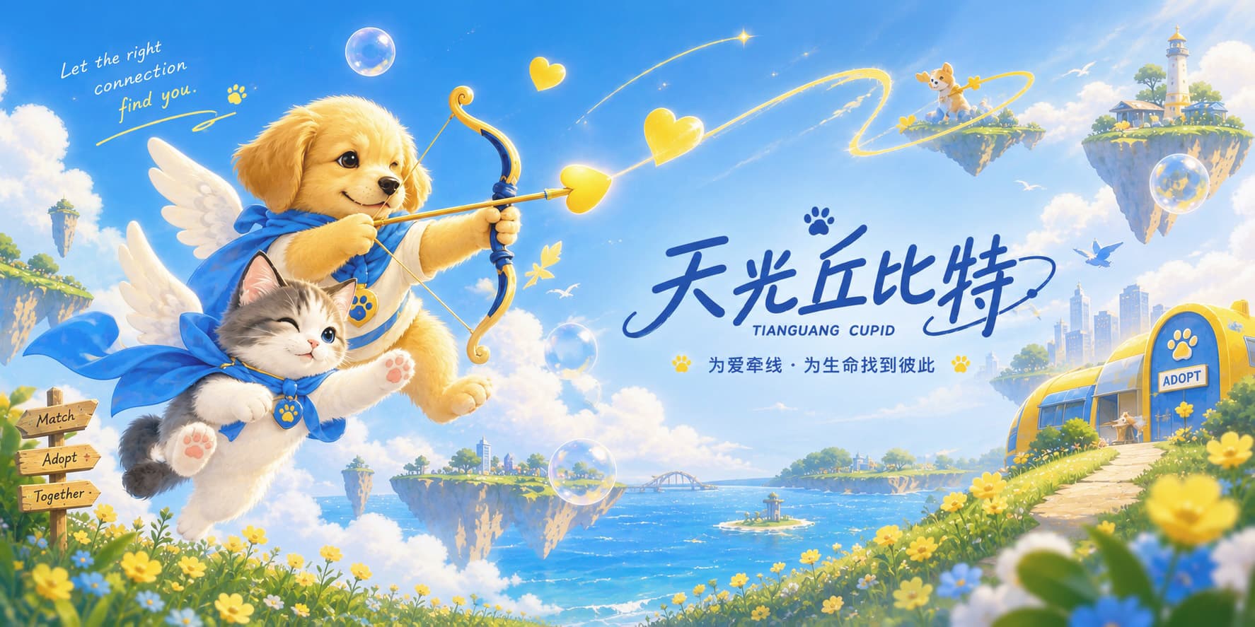 天光丘比特主视觉:小狗和小猫拿着丘比特弓箭,在云端为待领养宠物寻找合适的家。